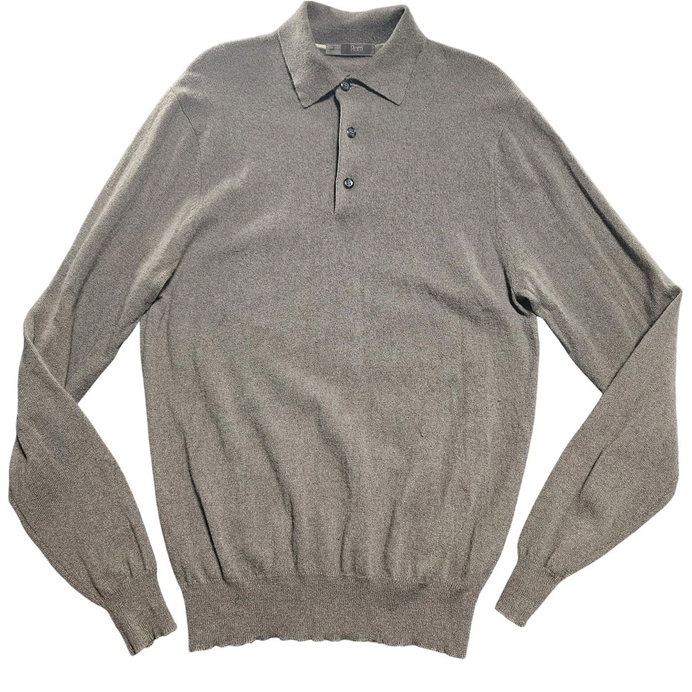Raffi Cashmere Brown Buttoned Collared Polo Sweater Men's M 50 Luxury, Regency
